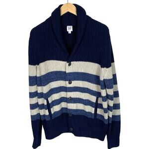 GAP Mens MCotton Blend Shawl Collar Ribbed Blue Strip Cardigan Pockets